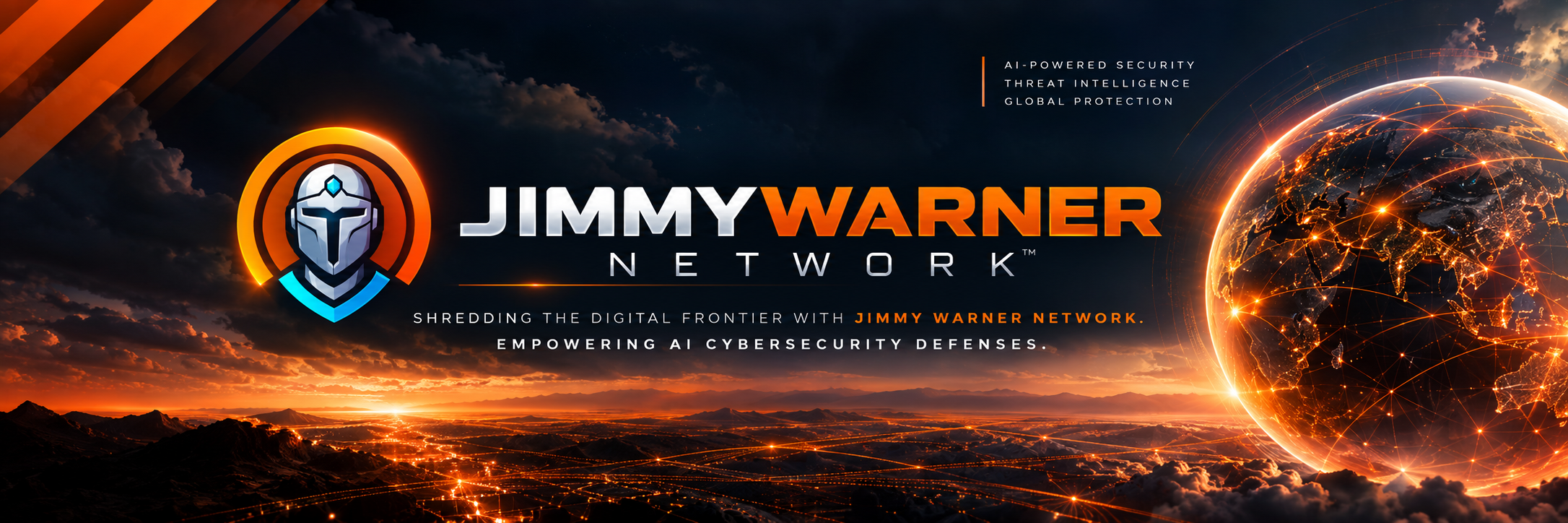 Jimmy Warner Network brand banner with a shield, orange connected globe, and AI cybersecurity tagline.